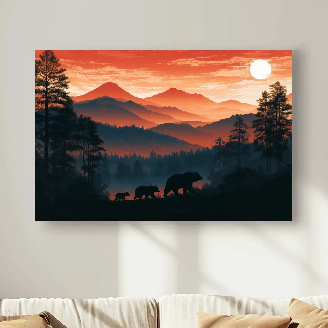 Mountain Sunset Bear Family Silhouettes - Wilderness Landscape Artwork