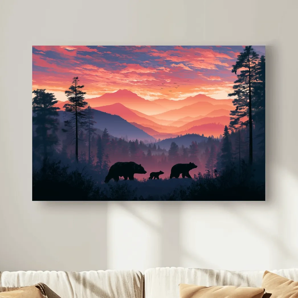 Moody Sunset Mountain Bear Family Silhouettes - Wildlife Wall Art