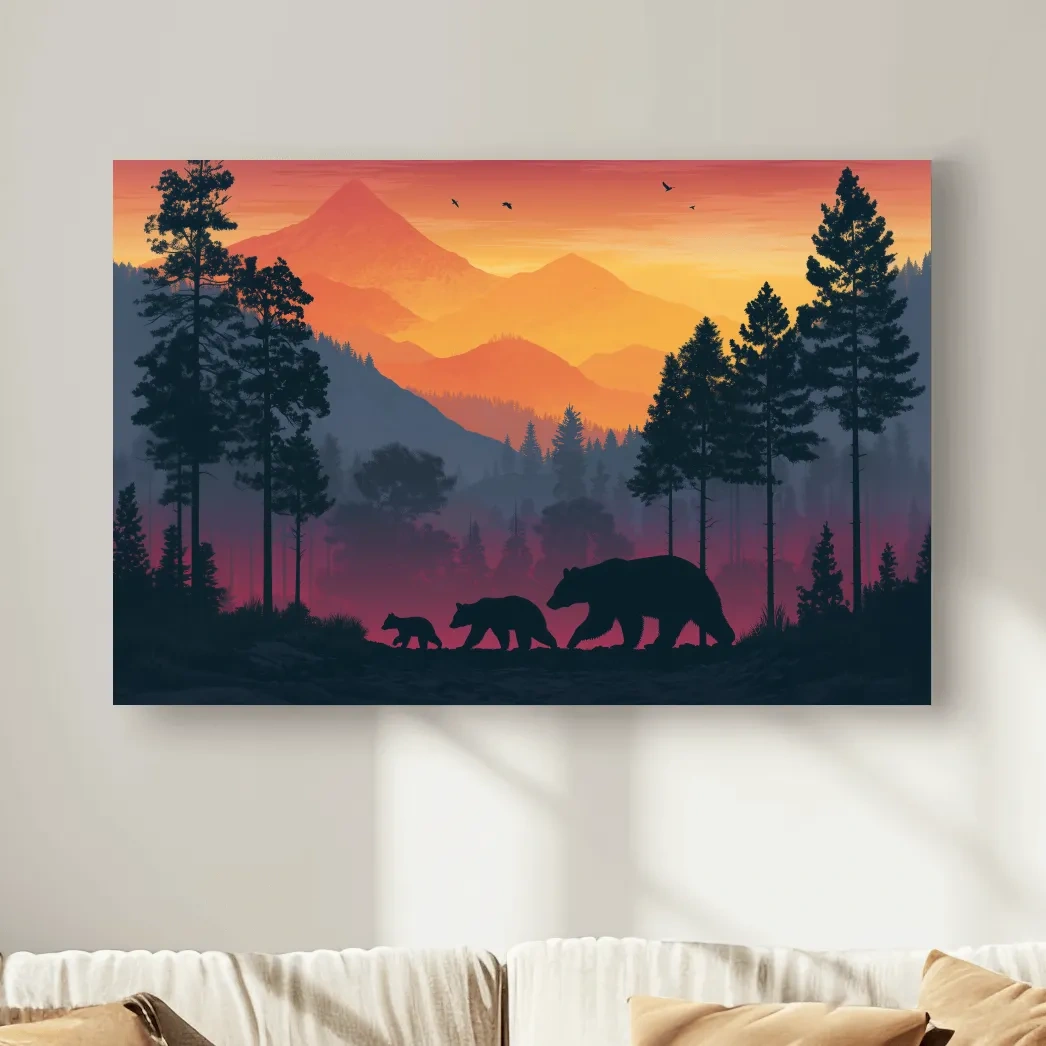 Sunset Momma Bear & Cubs Silhouette - Forest Wildlife Wall Art