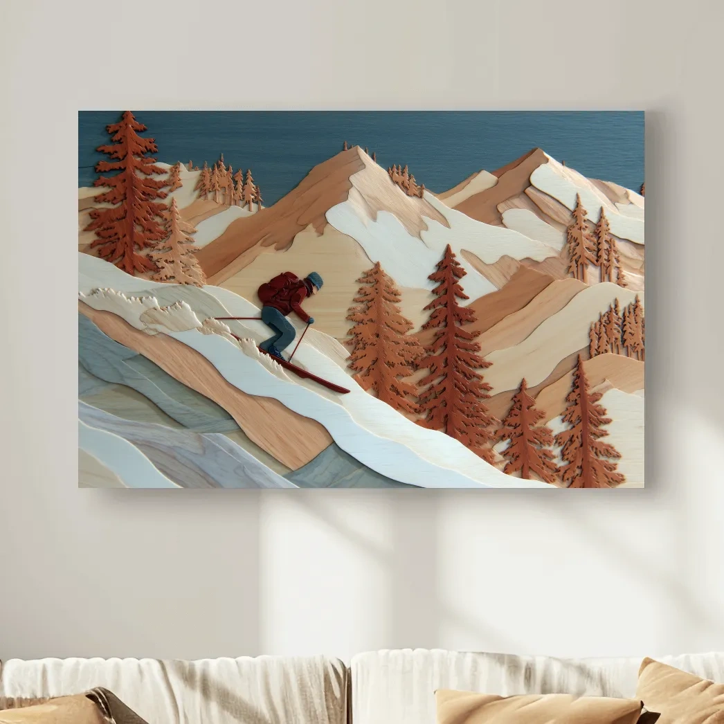 Wood Intarsia Style Skier Mountain Scene - Winter Alpine Wall Art