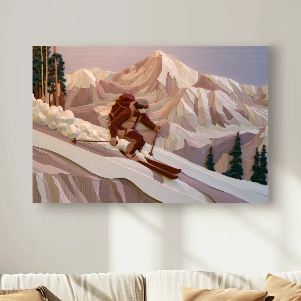 Geometric Backcountry Skier In Alpine Peaks - Winter Mountain Adventure Wall Art
