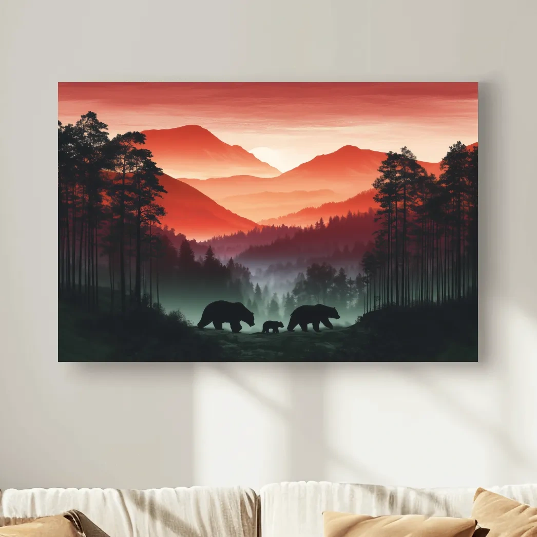 Moody Sunset Mountain Bear Family Silhouettes - Misty Forest Wildlife Wall Art