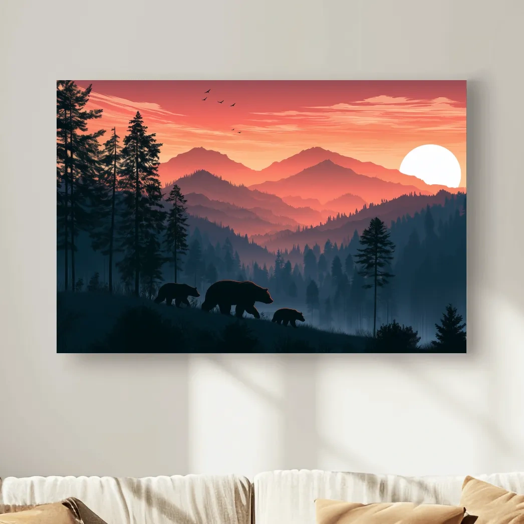 Bear Family Silhouette Mountain Sunset - Wildlife Landscape Wall Art