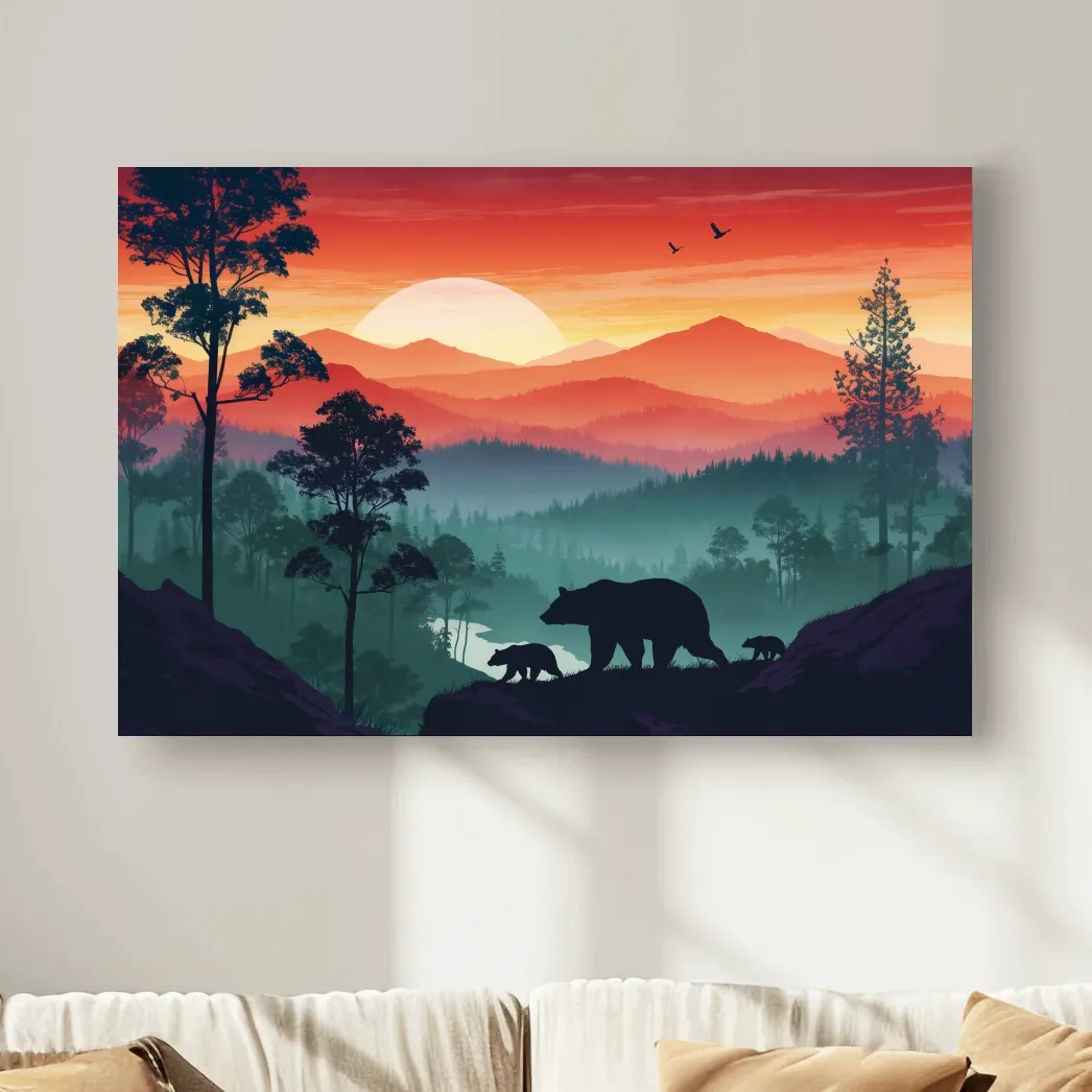 Sunset Mama Bear & Cubs Silhouette - Misty Forest Landscape Artwork