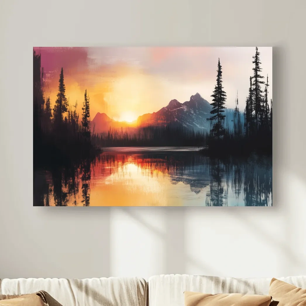 Sunset Mountain Lake Reflection Painting - Dramatic Pine Forest Landscape Wall Art