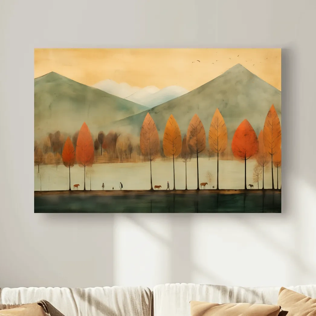 Autumn Tree Lined Lake Landscape - Quirky Watercolor Style Wall Art