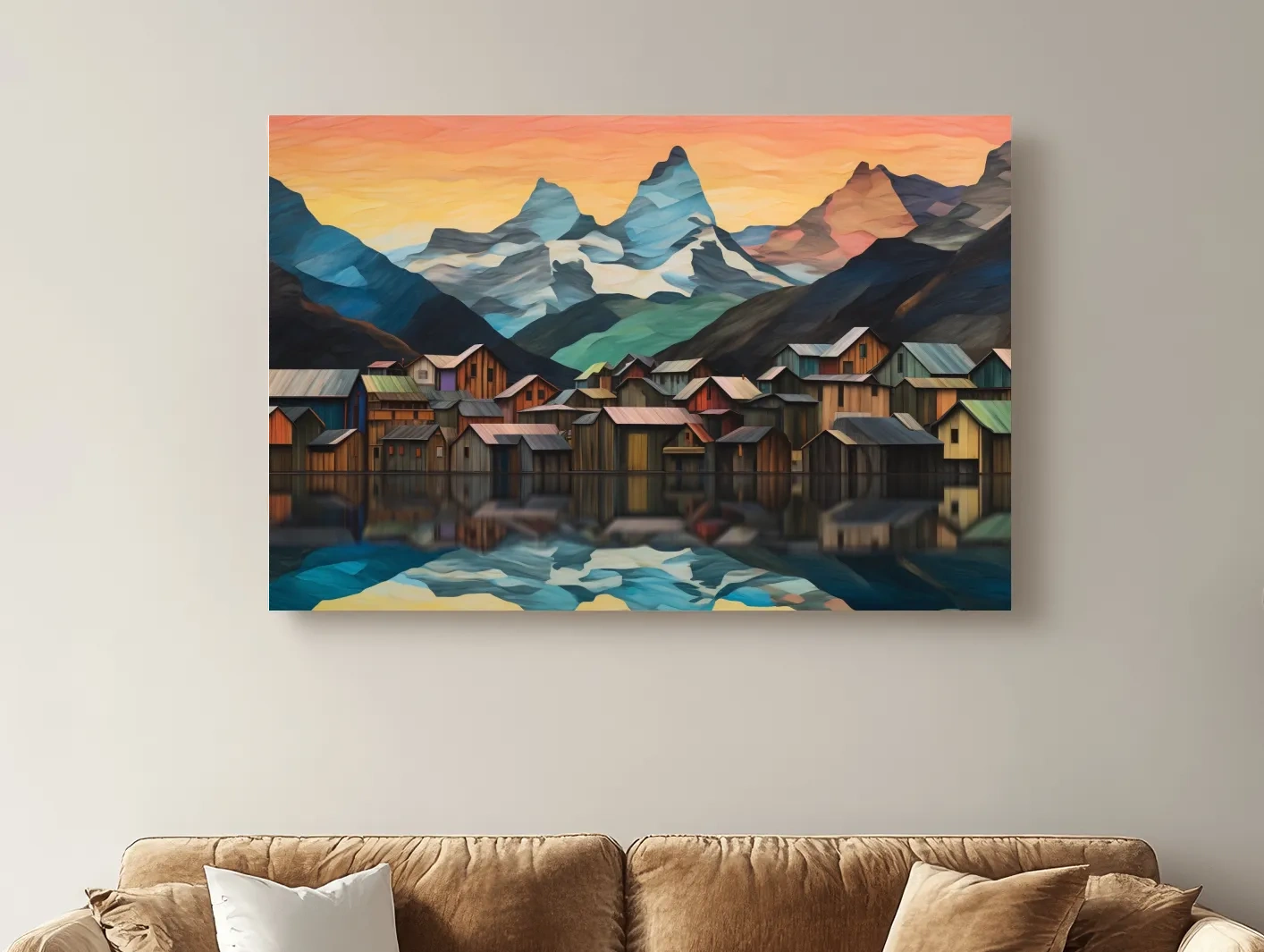 Alpine Mountain Village Reflections - Colorful Paper Cut Style Wall Art