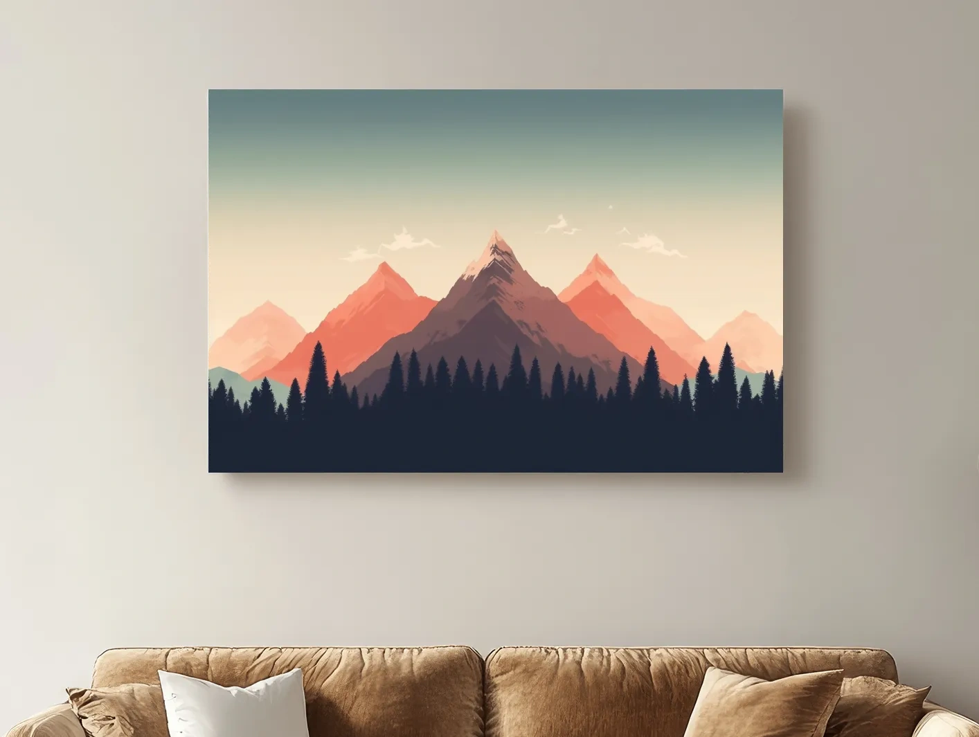 Minimalist Alpine Mountain Sunrise Artwork - Modern Scandinavian Forest Wall Art