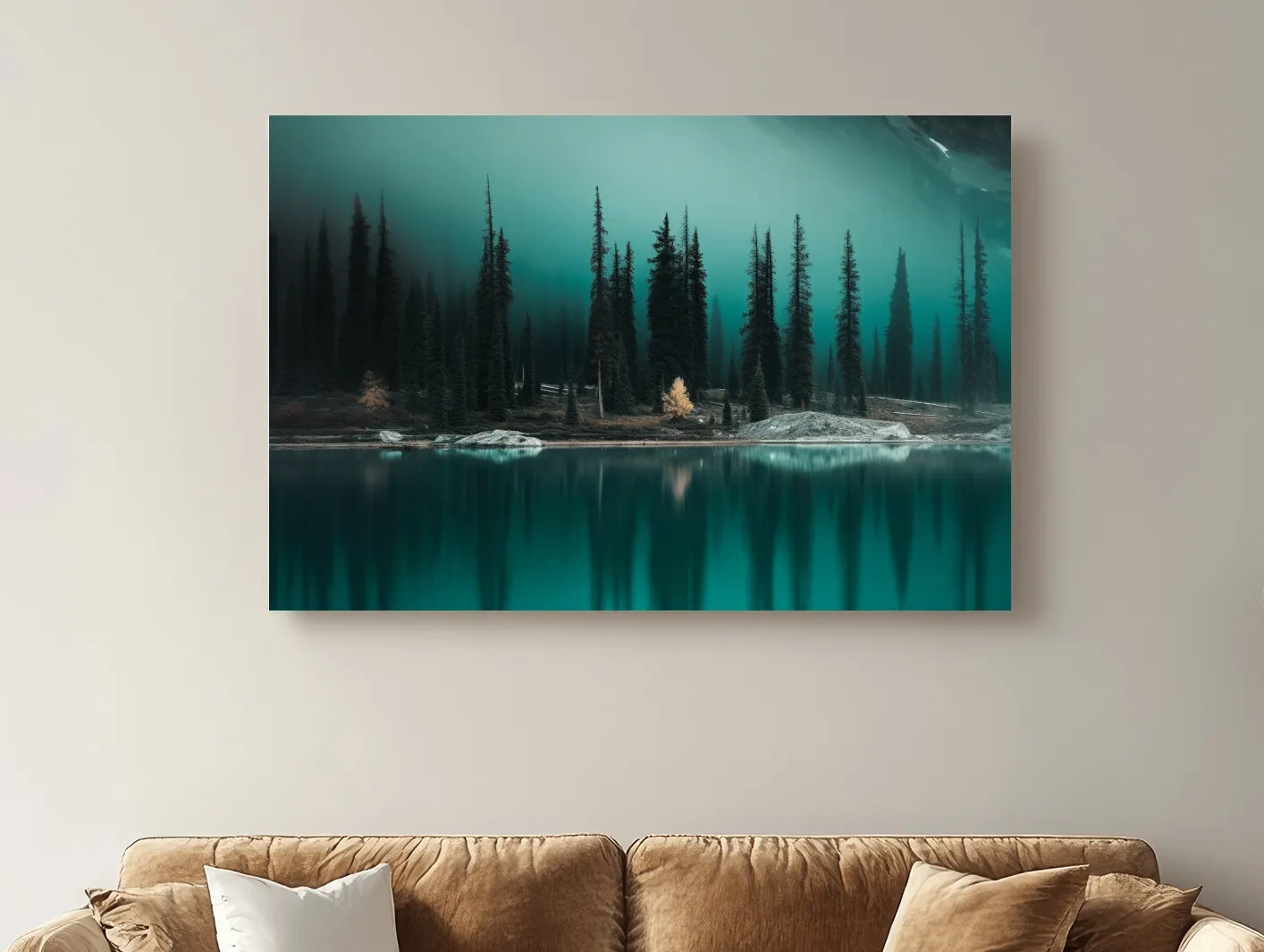 Misty Pine Forest Turquoise Alpine Lake - Serene Mountain Landscape Wall Art