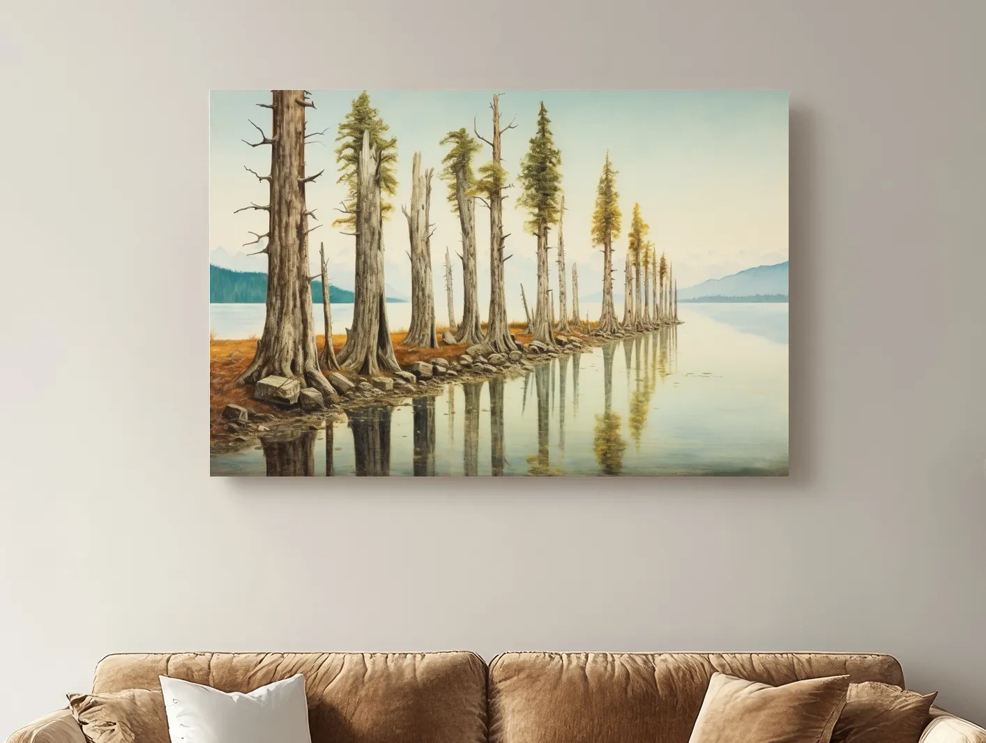 Serene Lakeside Pine Forest Reflections - Watercolor Landscape Wall Art
