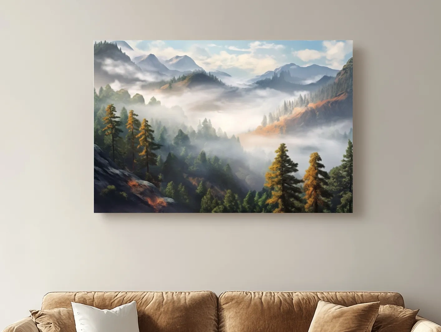 Misty Mountain Valley Forest Landscape - Serene Foggy Nature Painting Wall Art