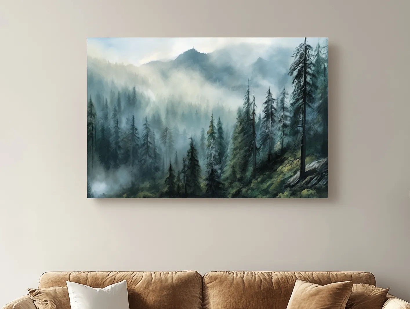 Misty Evergreen Forest Mountain Landscape - Moody Watercolor Nature Wall Art