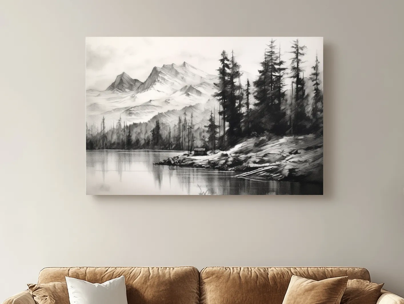 Monochrome Mountain Lake Charcoal Sketch - Pine Forest Landscape Wall Art