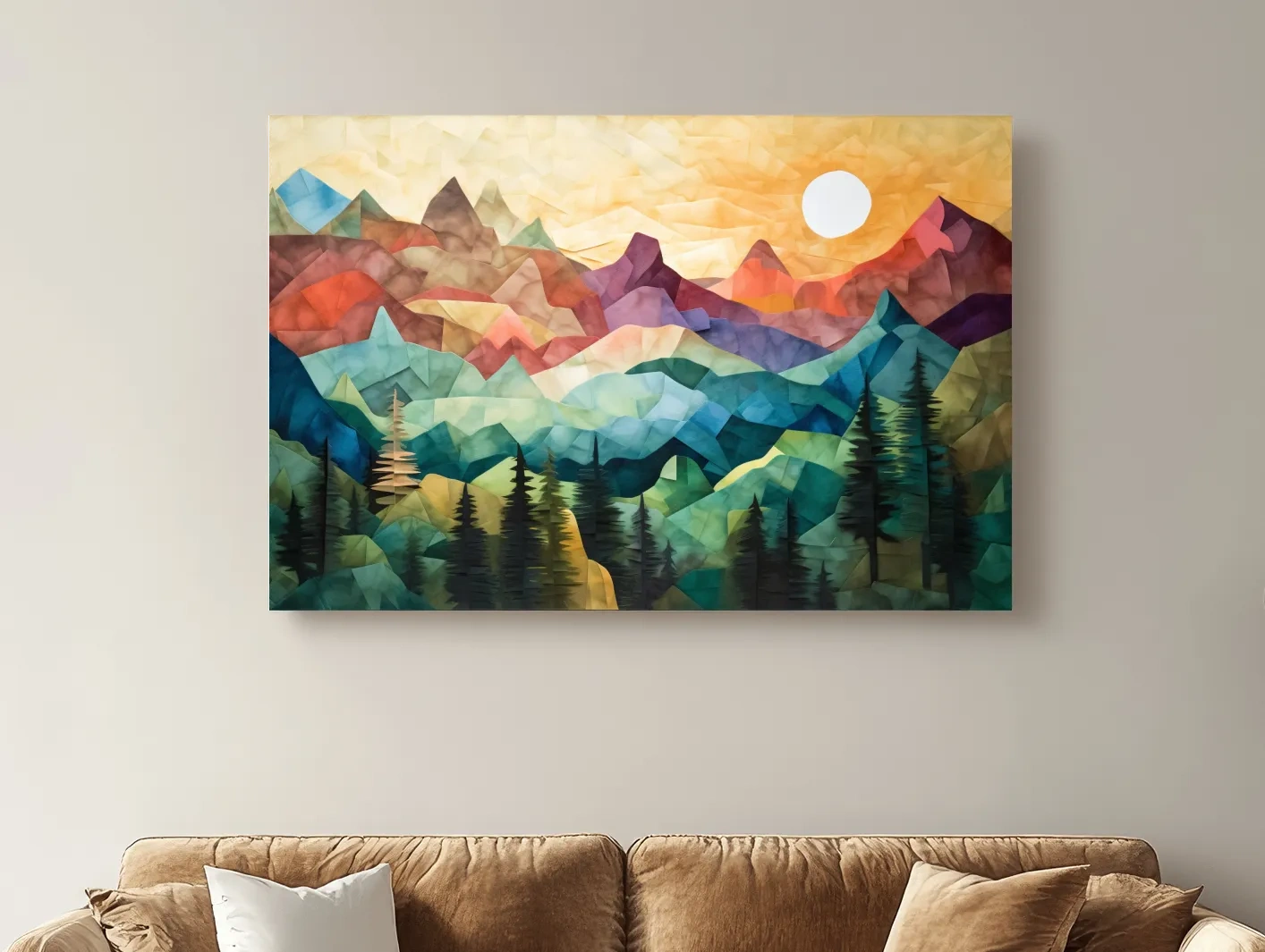 Abstract Sunset Mountain Canvas - Vibrant Patchwork Mosaic Art