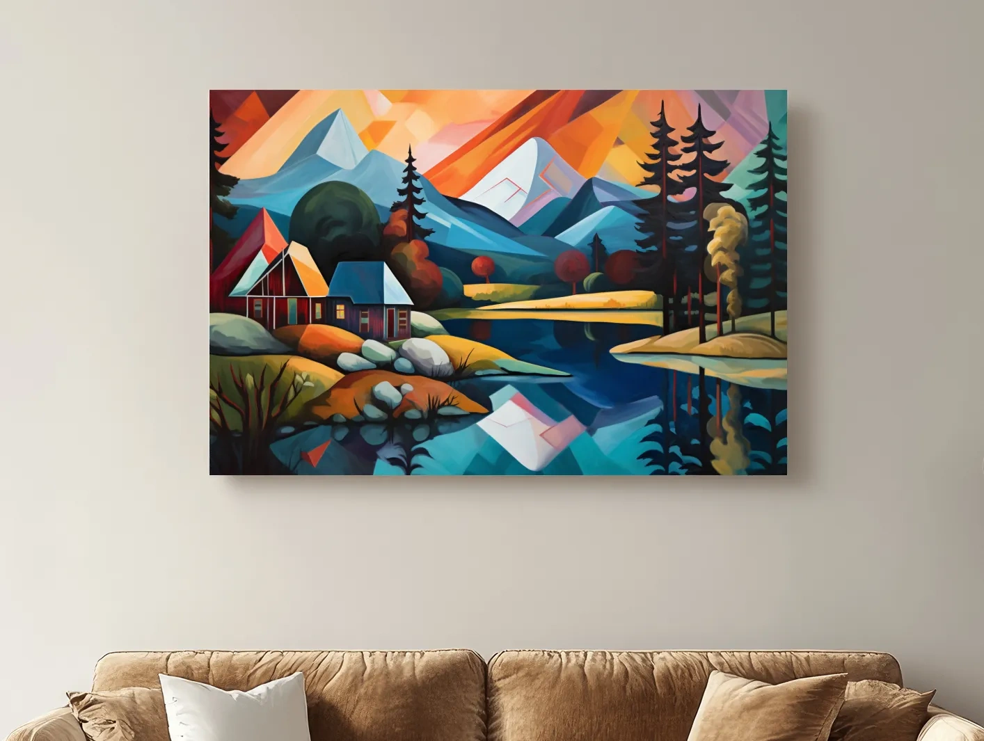 Vibrant Geometric Mountain Lake Cabin Oil Painting - Modern Abstract Wall Art
