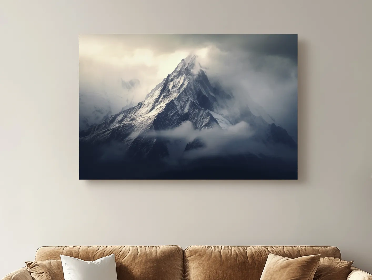 Cloudy Snowcapped Peak Landscape - Dramatic Mountain Photography Wall Art