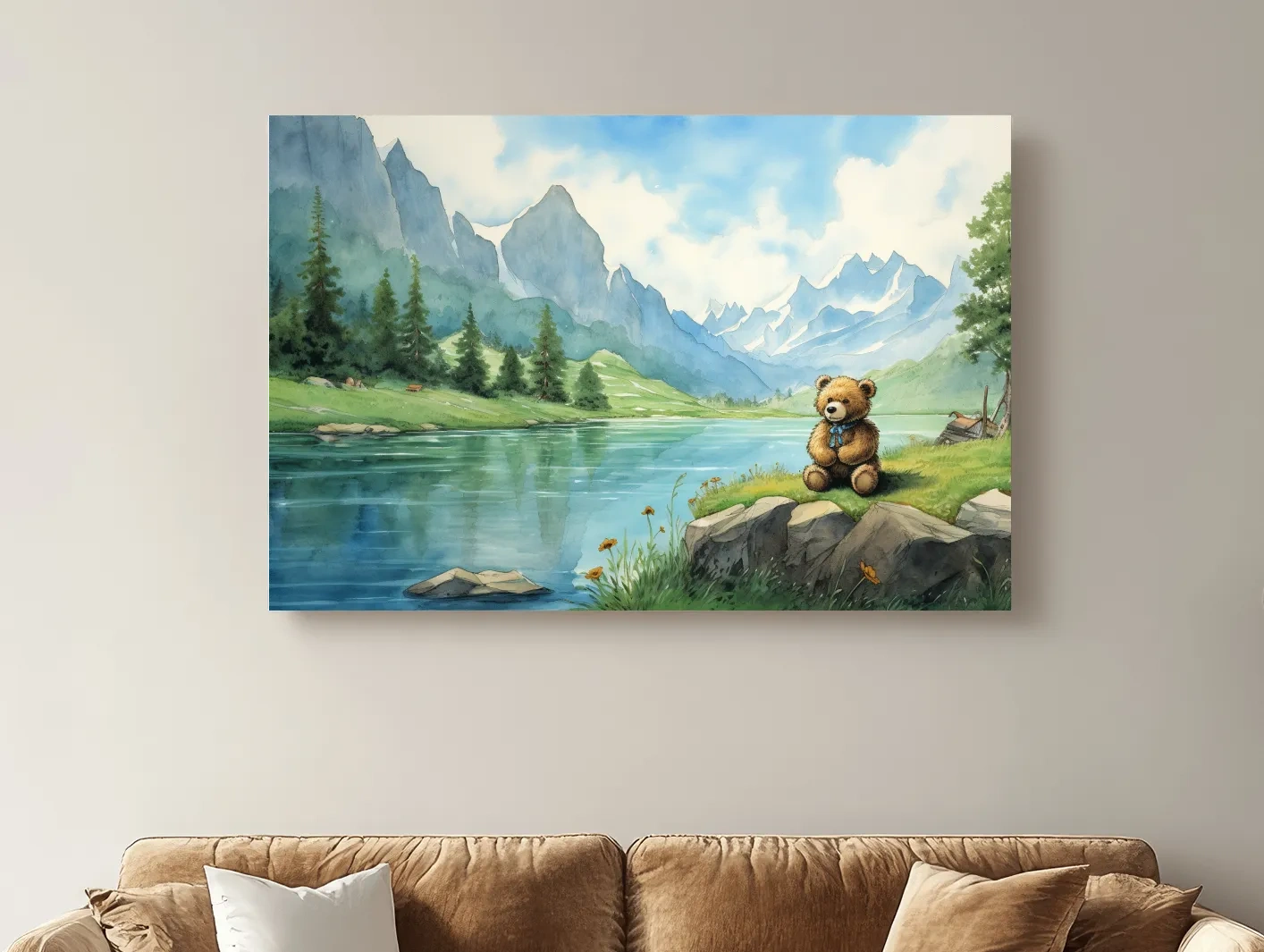 Whimsical Teddy Bear By Mountain Lake - Cute Watercolor Nursery Wall Art