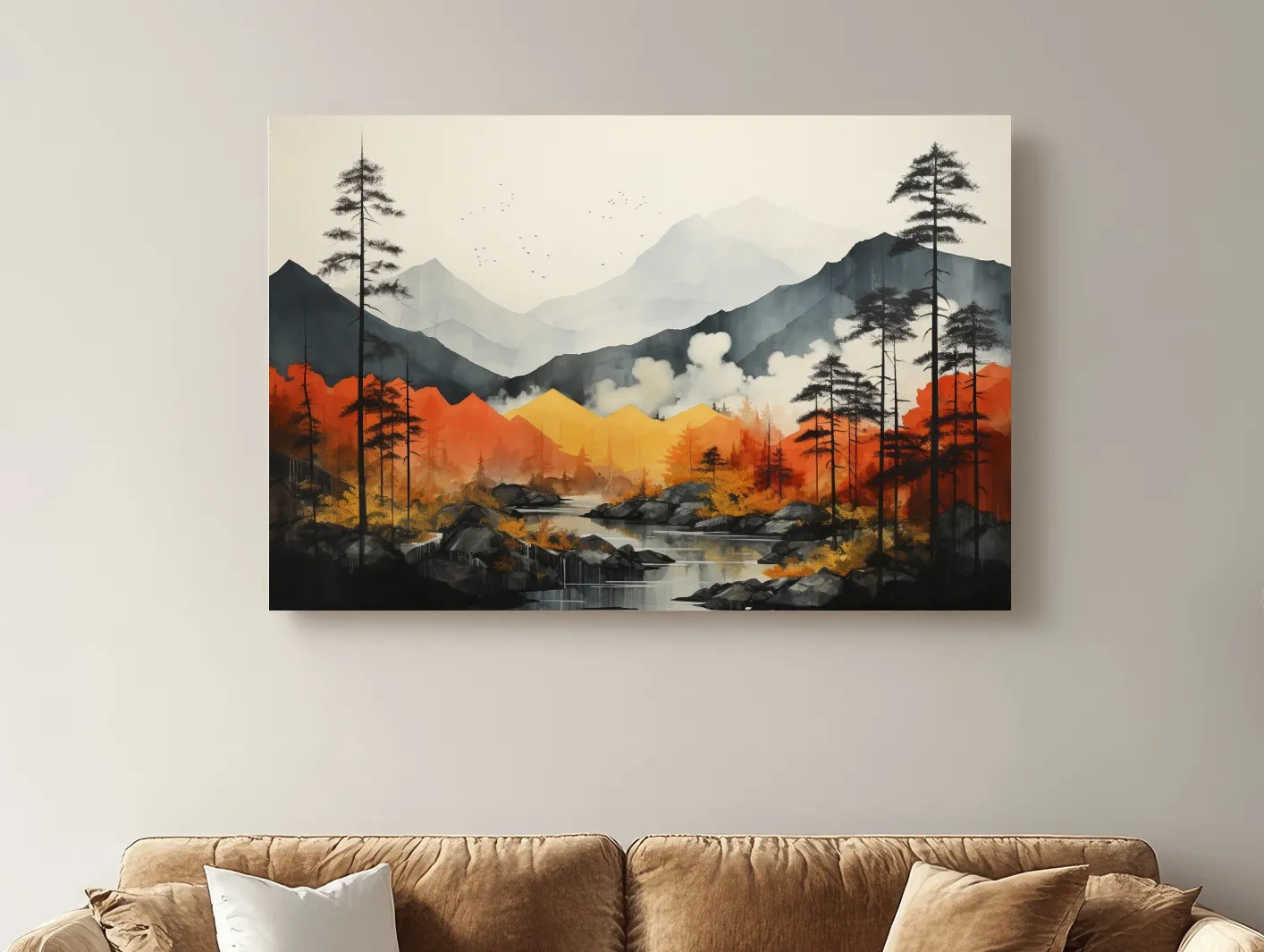 Surreal Mountain Lake Landscape - Autumn Forest Watercolor Wall Art