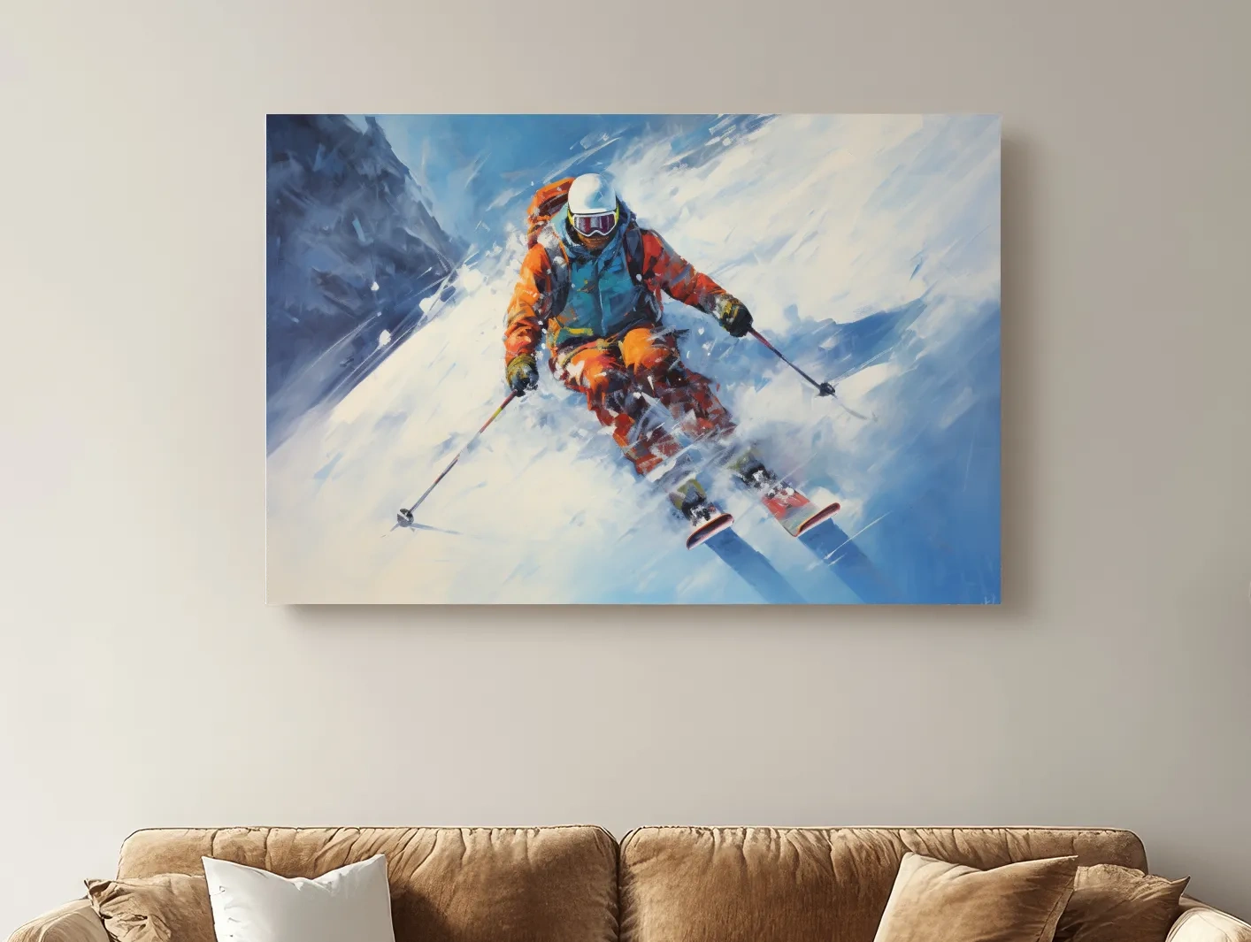 Dynamic Downhill Skier Painting - Snowy Alpine Adventure Wall Art