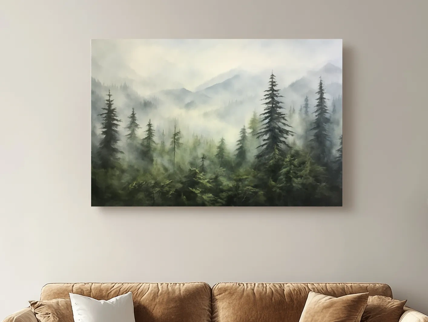 Misty Evergreen Forest Mountains Watercolor - Serene Foggy Landscape Artwork