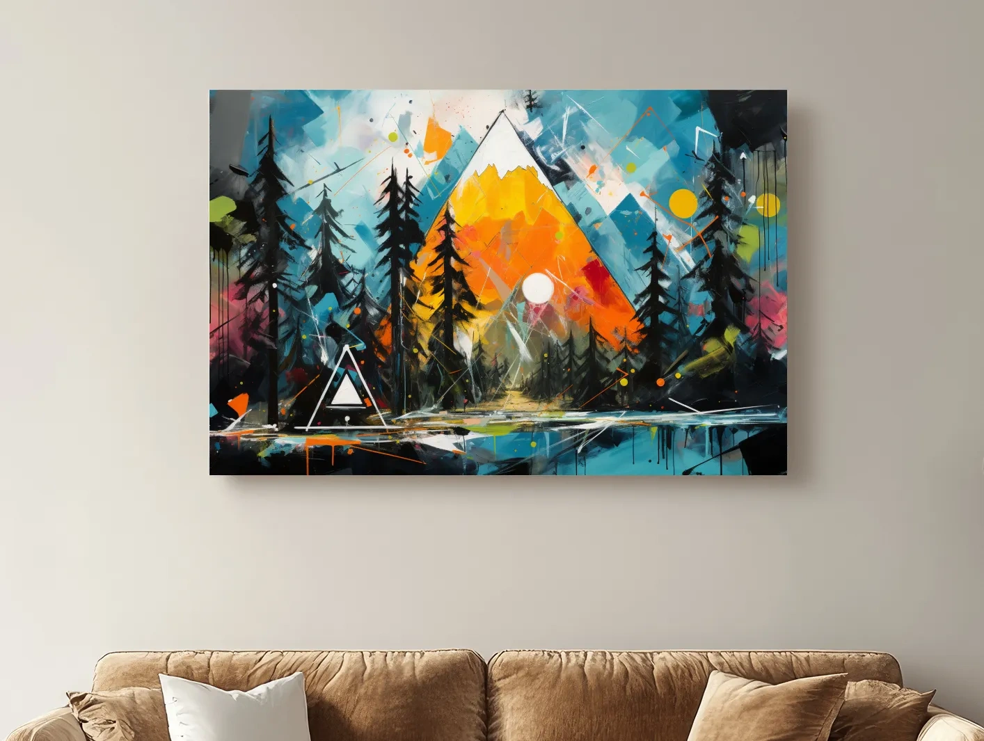Vibrant Abstract Mountain Sunrise With Pine Forest - Energetic Landscape Wall Art