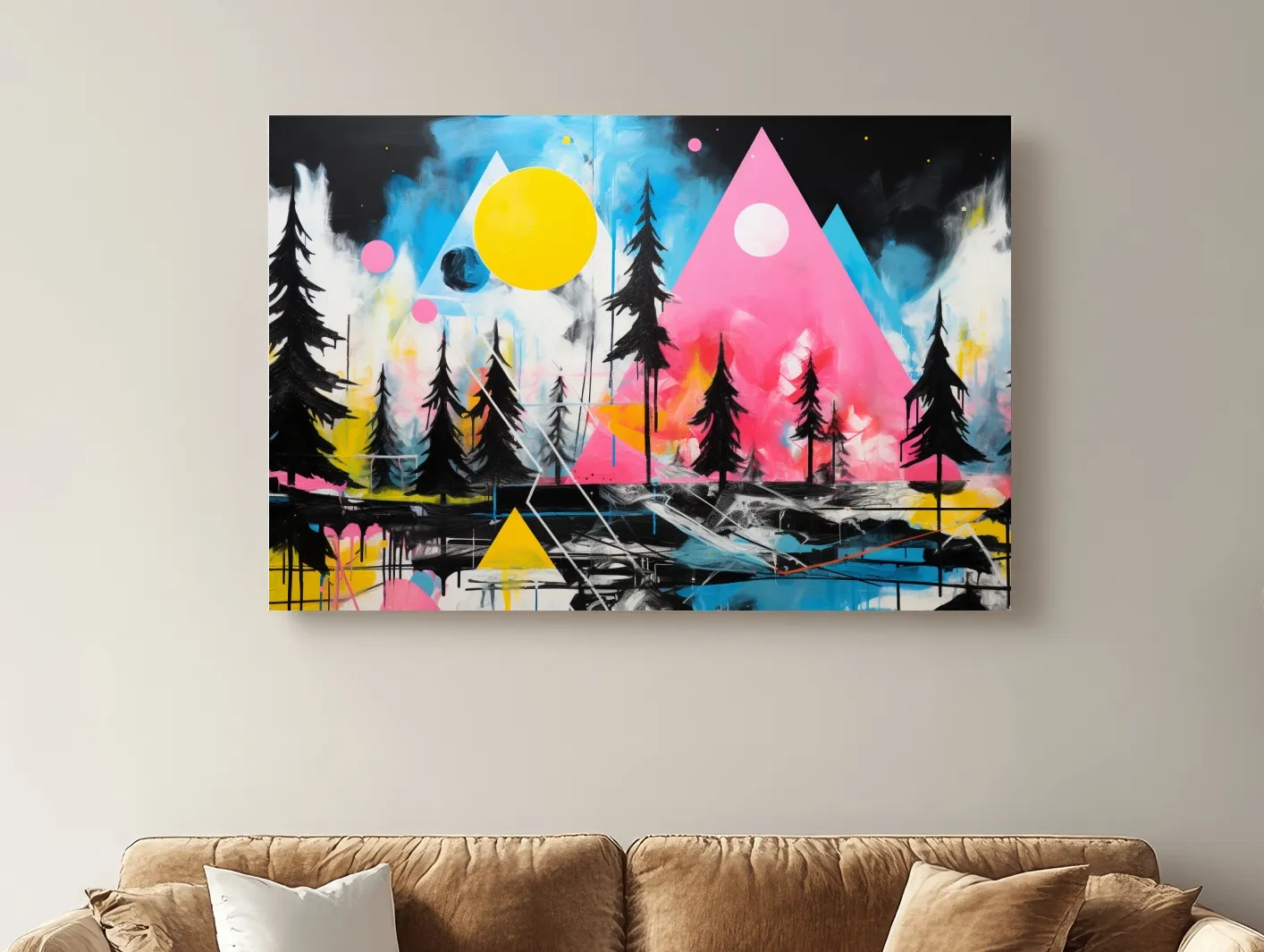 Neon Geometric Mountain Forest Painting - Vibrant Abstract Wall Art