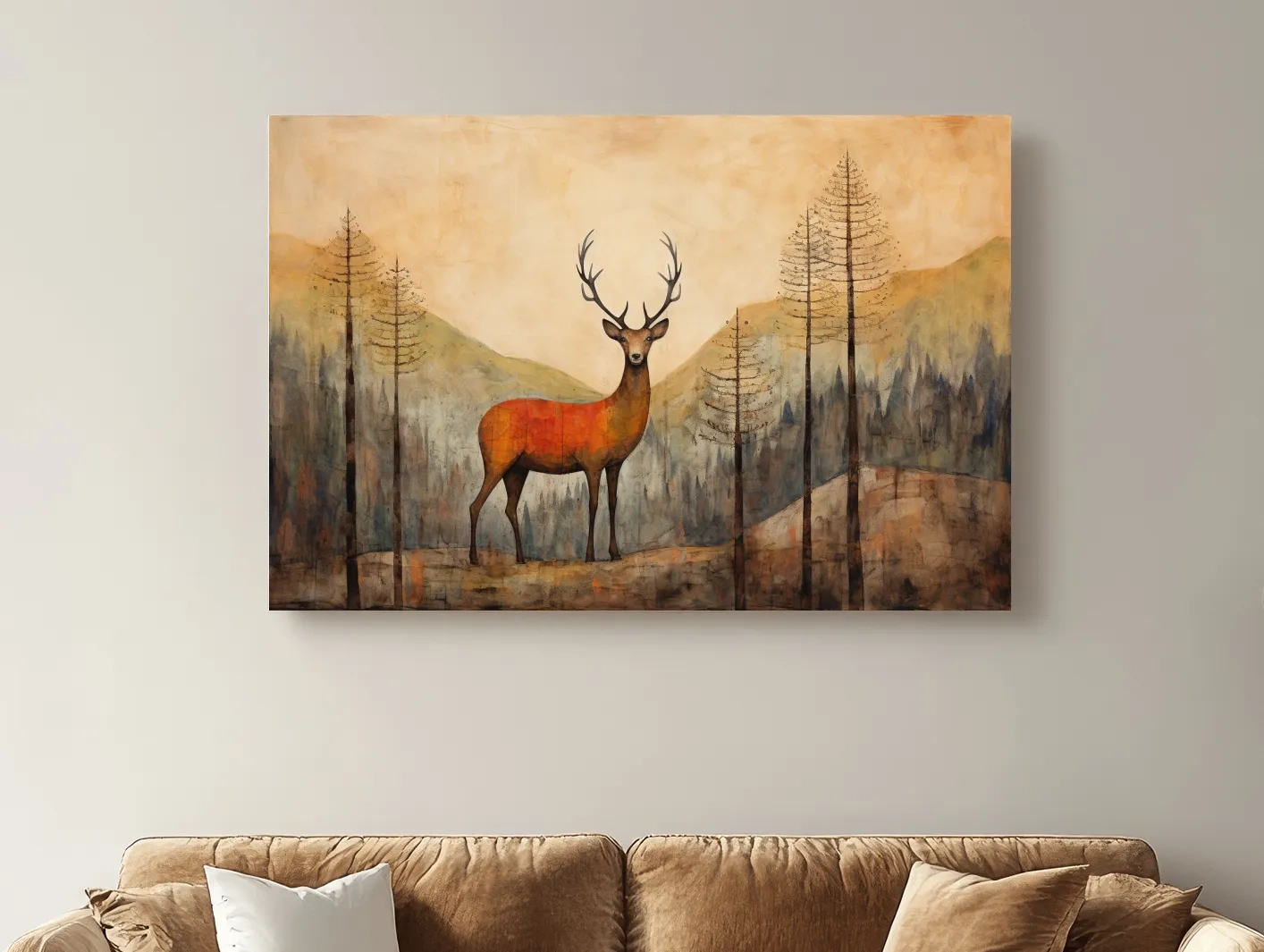 Rustic Woodland Stag Watercolor Painting - Autumn Mountain Forest Wildlife Wall Art