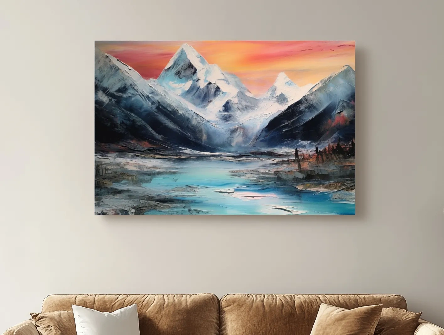 Bold oil painting of a glacier at sunset