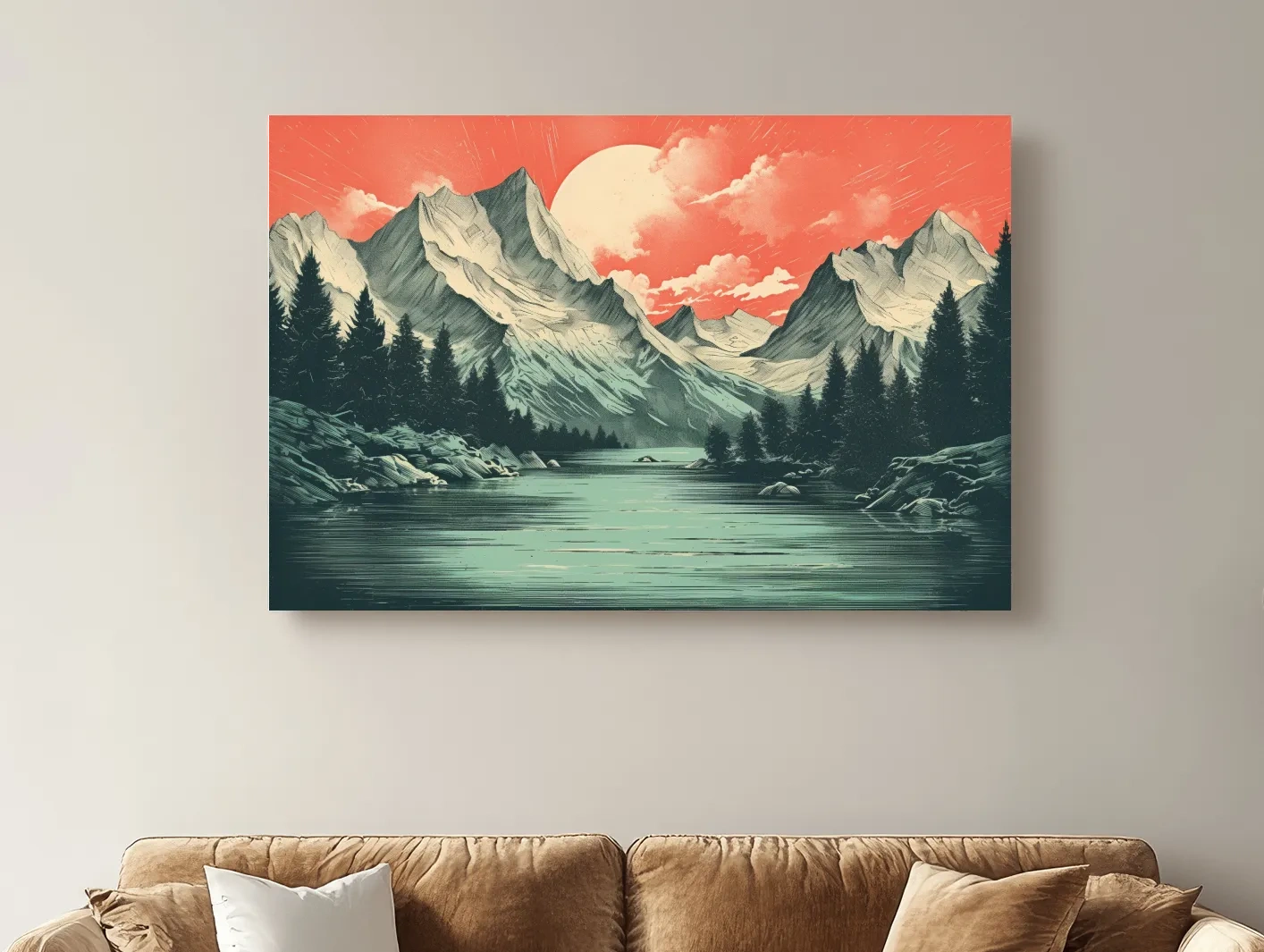 Retro Alpine Mountain Lake Sunset - Vintage Risograph Landscape Wall Art