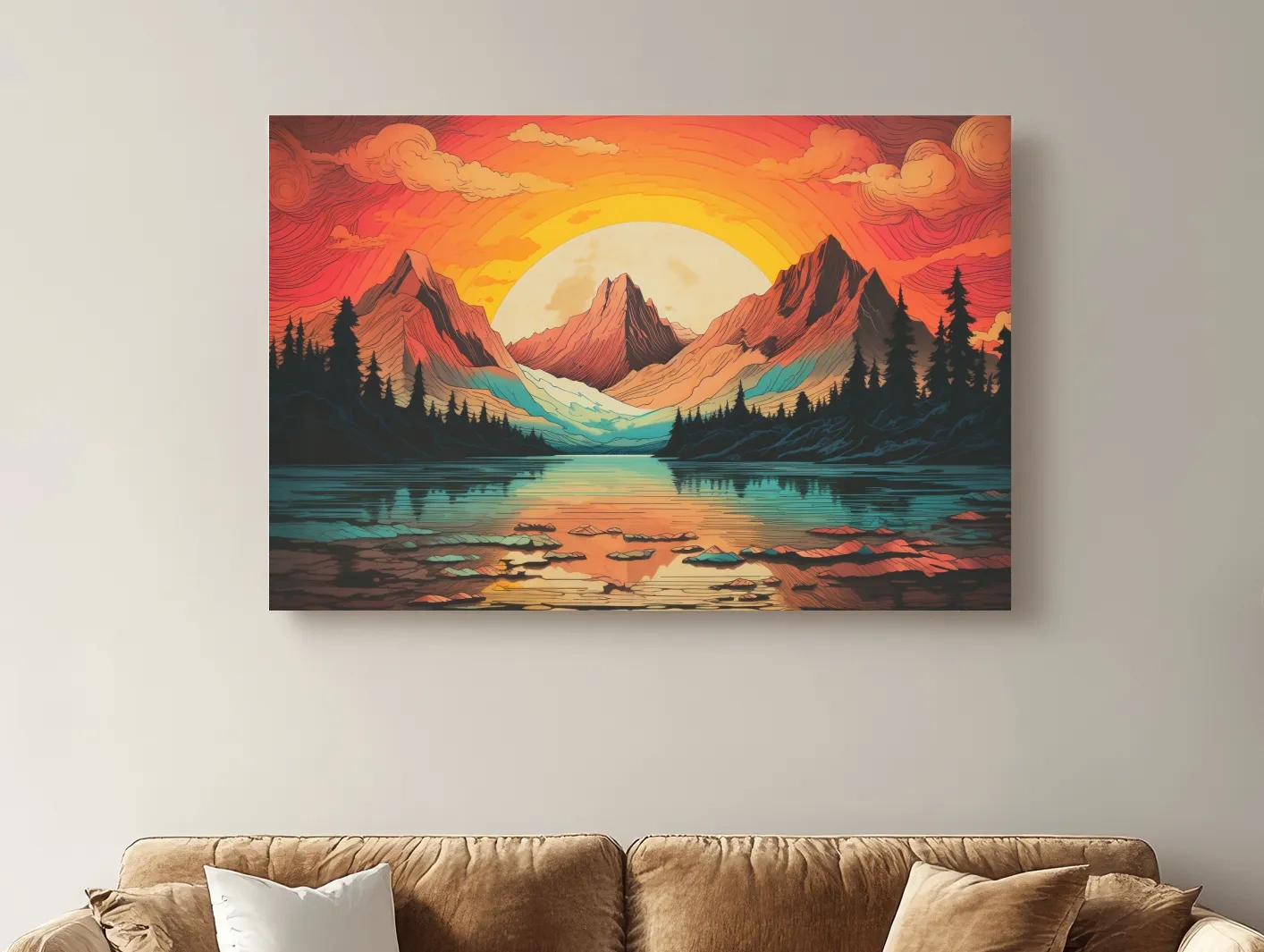 Vibrant Retro Alpine Lake Sunset - Stylized Mountain Wall Art