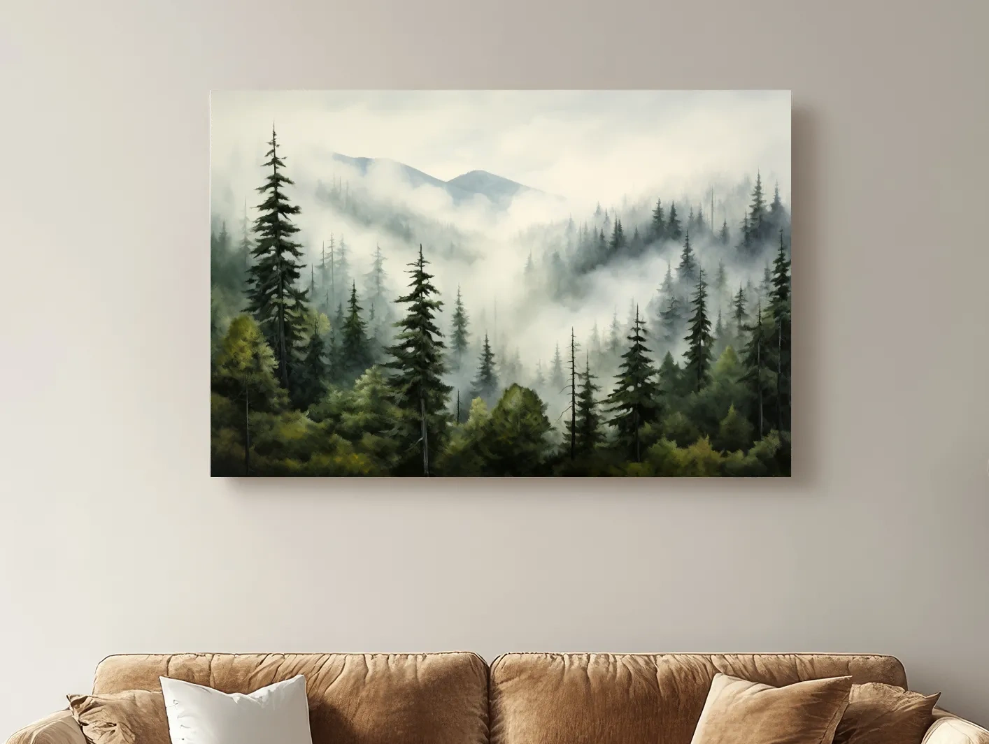 Foggy Alpine Mountain Forest Painting - Moody Watercolor Landscape Wall Art