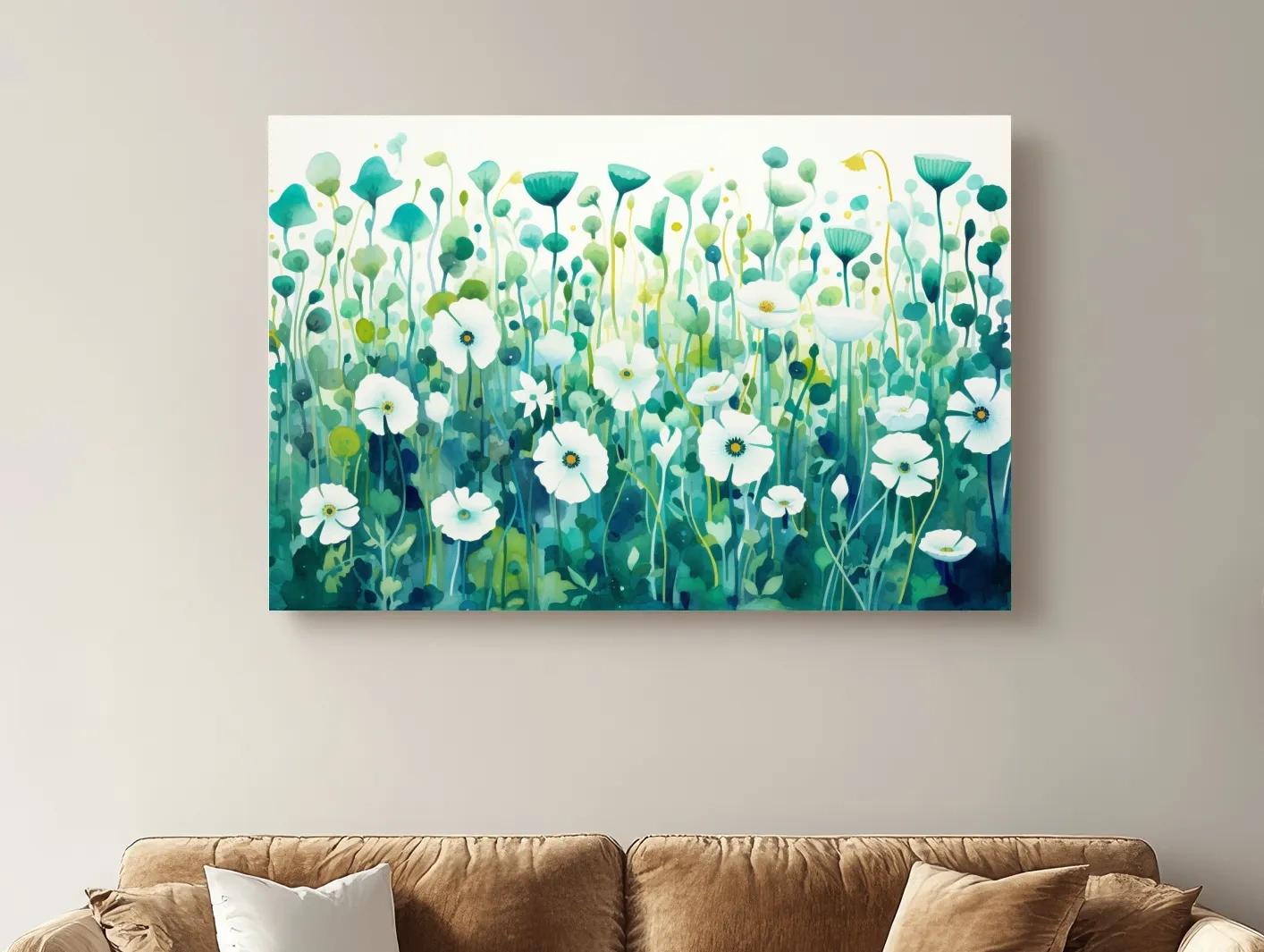 Painting of green flower patterns, colorful floral wall art