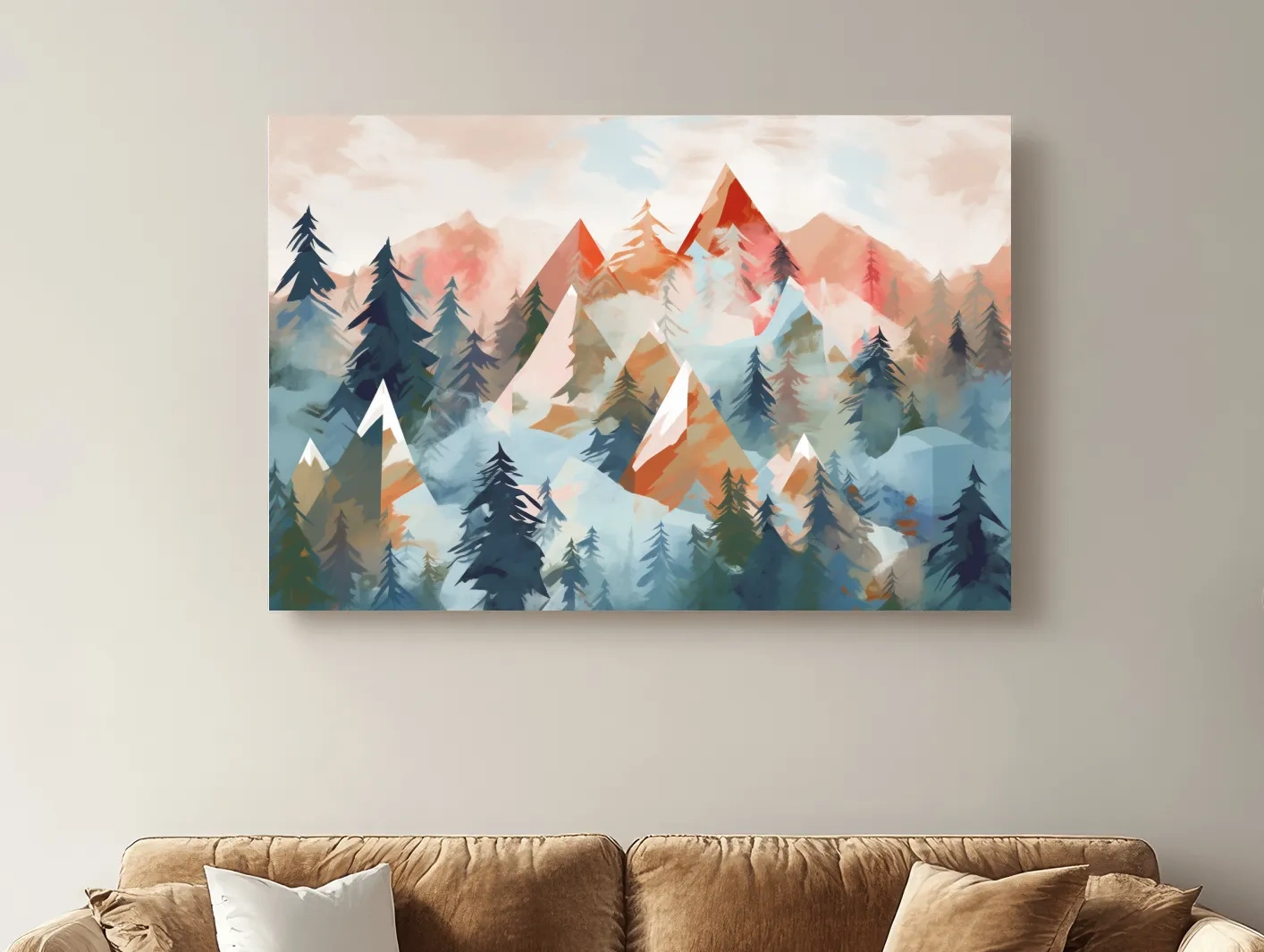 Abstract Watercolor Alpine Mountains And Pine Forest - Modern Geometric Landscape Wall Art