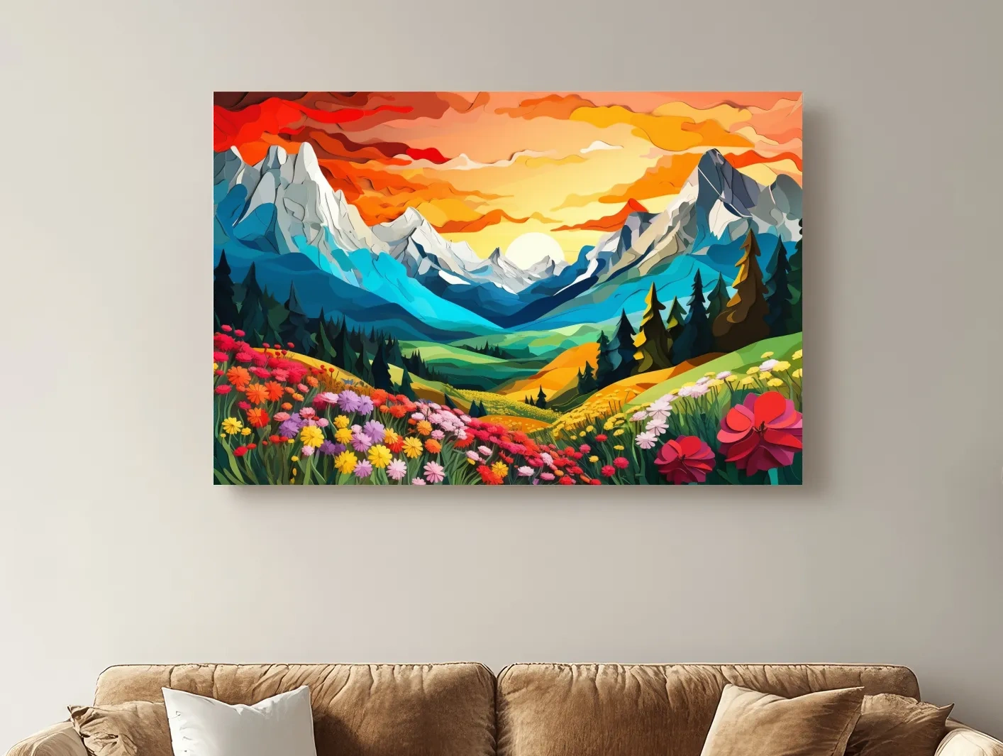 Vibrant Wildflower Mountain Valley Sunset - Colorful Paper Cutout Style Wall Art