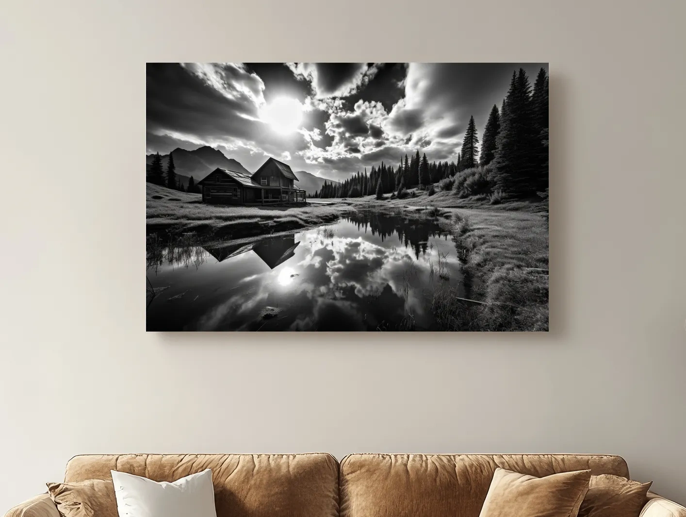 Moody Black And White Mountain Cabin Reflection - Dramatic Alpine Landscape Photography Wall Art