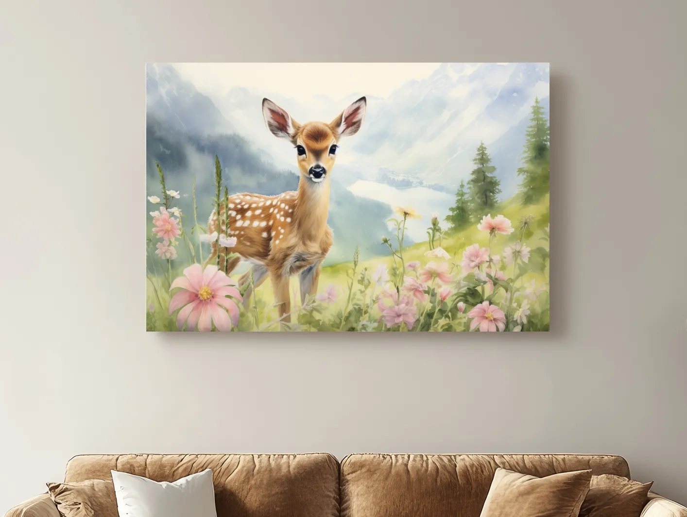 Watercolor Fawn In Wildflowers - Pastel Alpine Meadow Nursery Wall Art