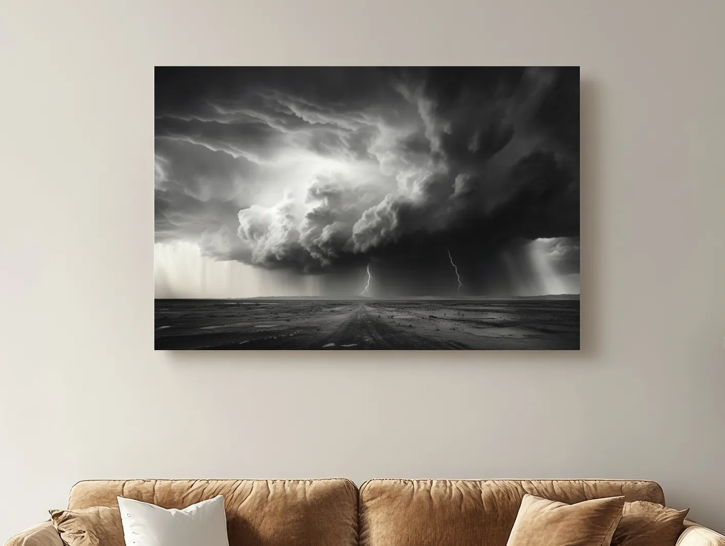 Moody Monochrome Thunderstorm Lightning Landscape - Dramatic Storm Cloud Wall Art
