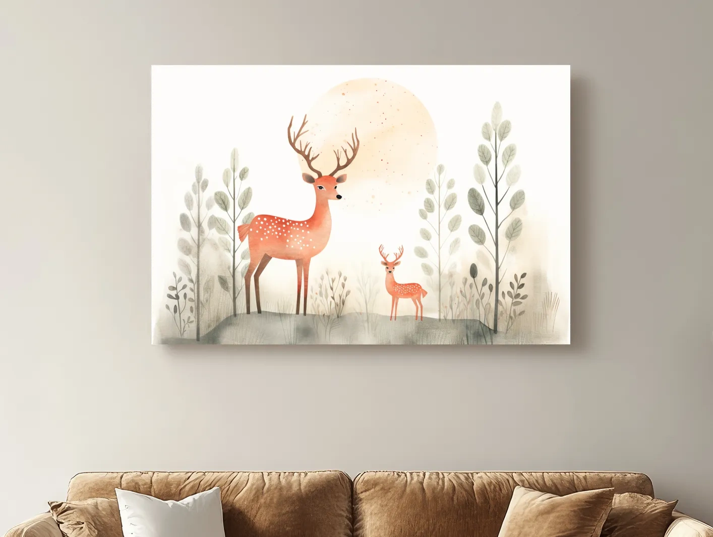 Whimsical Watercolor Deer Family Illustration - Scandinavian Nursery Forest Wall Art