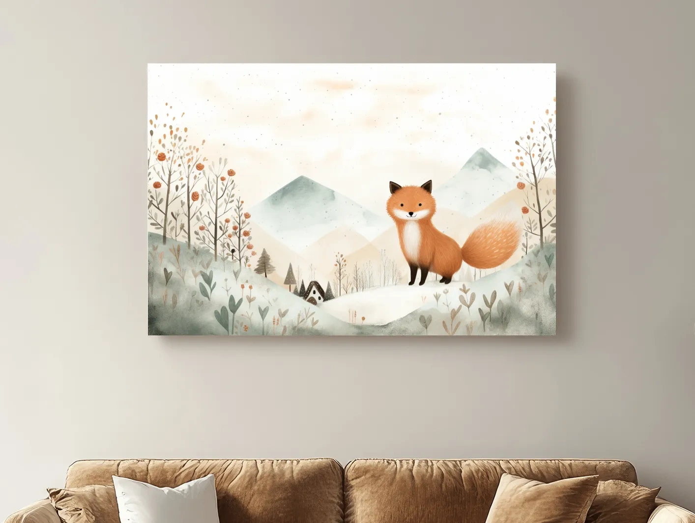Whimsical Watercolor Fox In Pastel Mountains - Cute Nursery Animal Wall Art