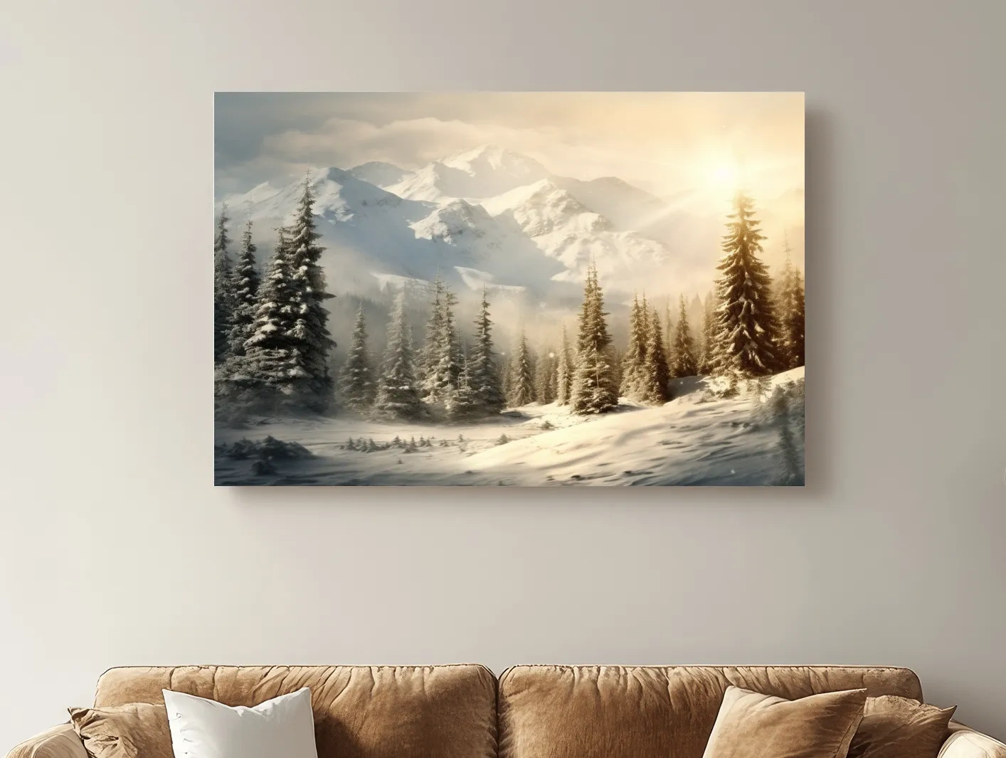 Golden Sunrise Snowy Mountain Landscape - Serene Winter Pine Forest Wall Art
