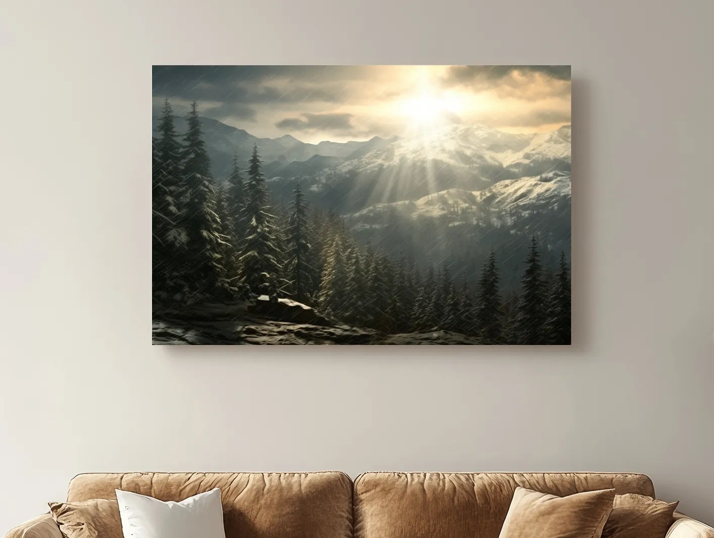 Mountain Snowstorm Sunrise Over Pine Forest - Dramatic Winter Landscape Artwork