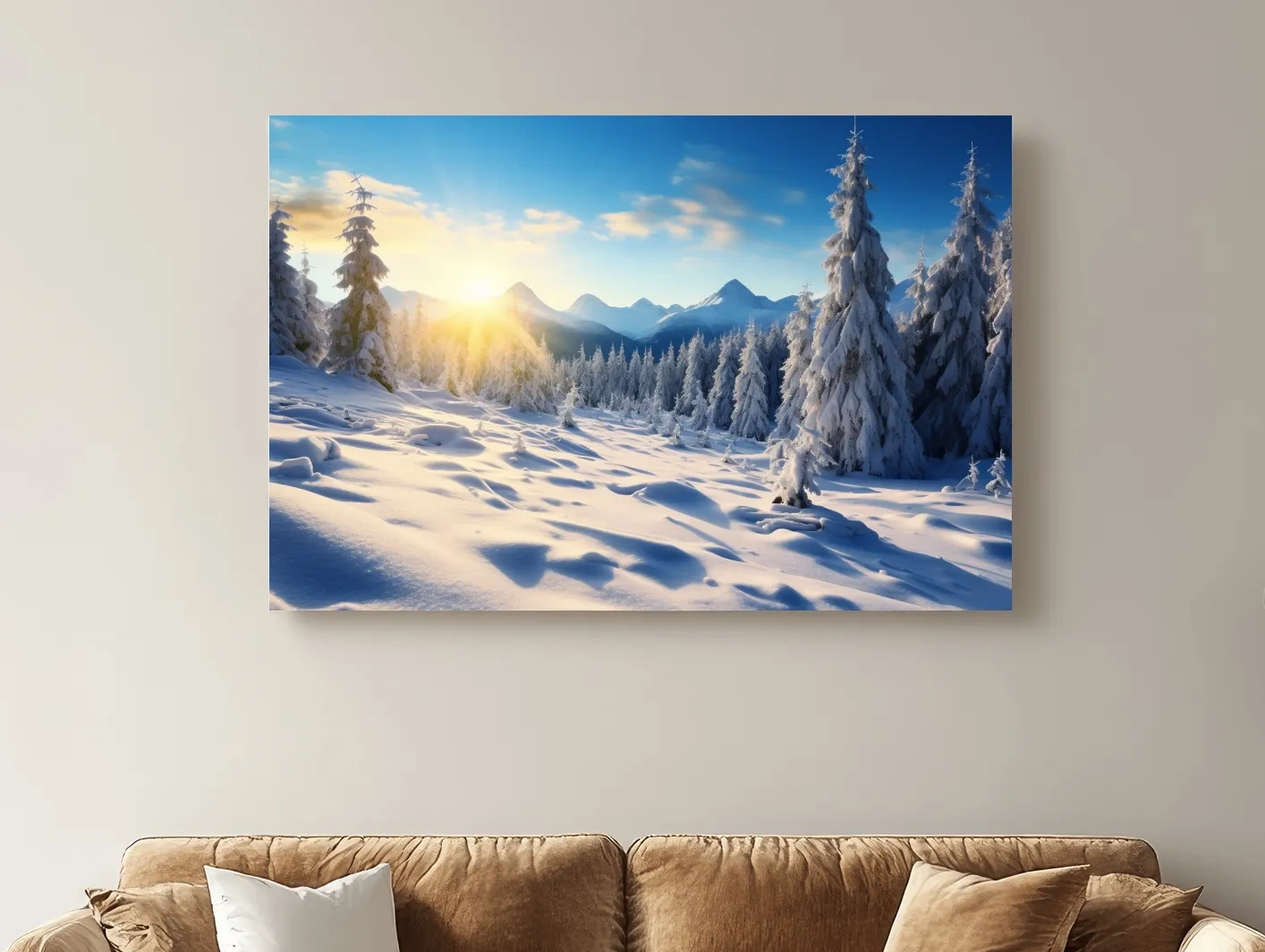 Snowy Sunrise Alpine Forest Landscape - Serene Photographic Nature Wall Art