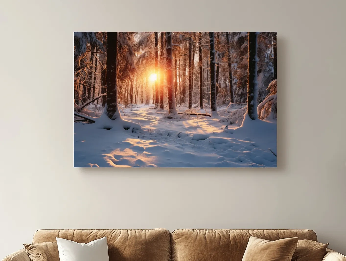 Golden Winter Sunrise Snowy Forest - Serene Nature Landscape Wall Art