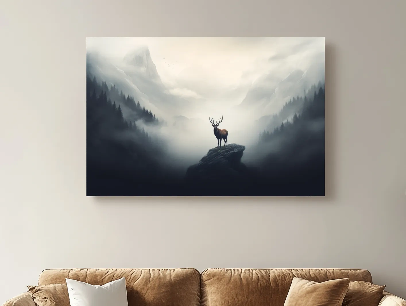 Majestic Stag On Rocky Peak - Misty Mountain Forest Wall Art