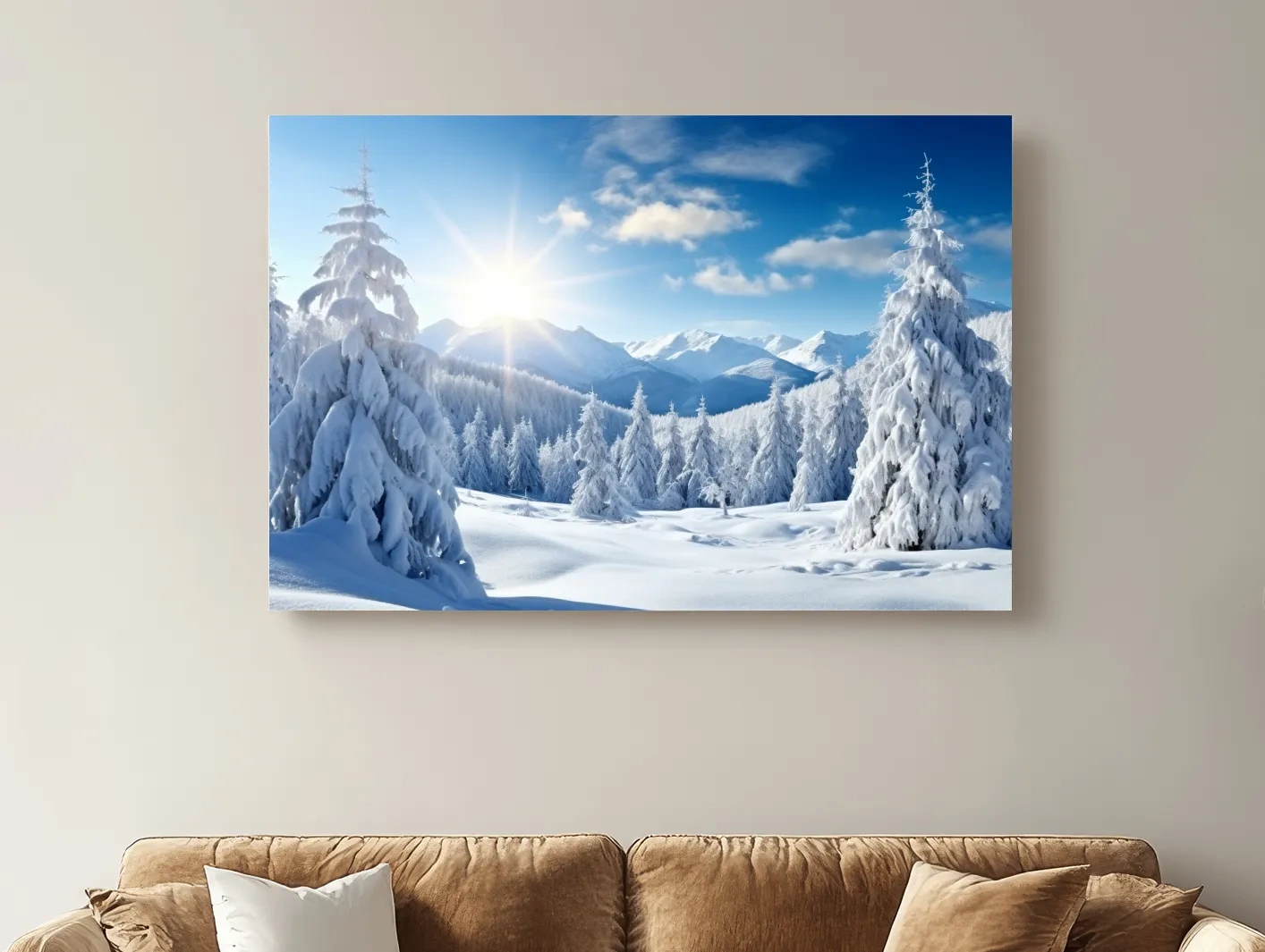 Sunlit Snowy Mountain Winter Landscape - Photographic Alpine Forest Wall Art
