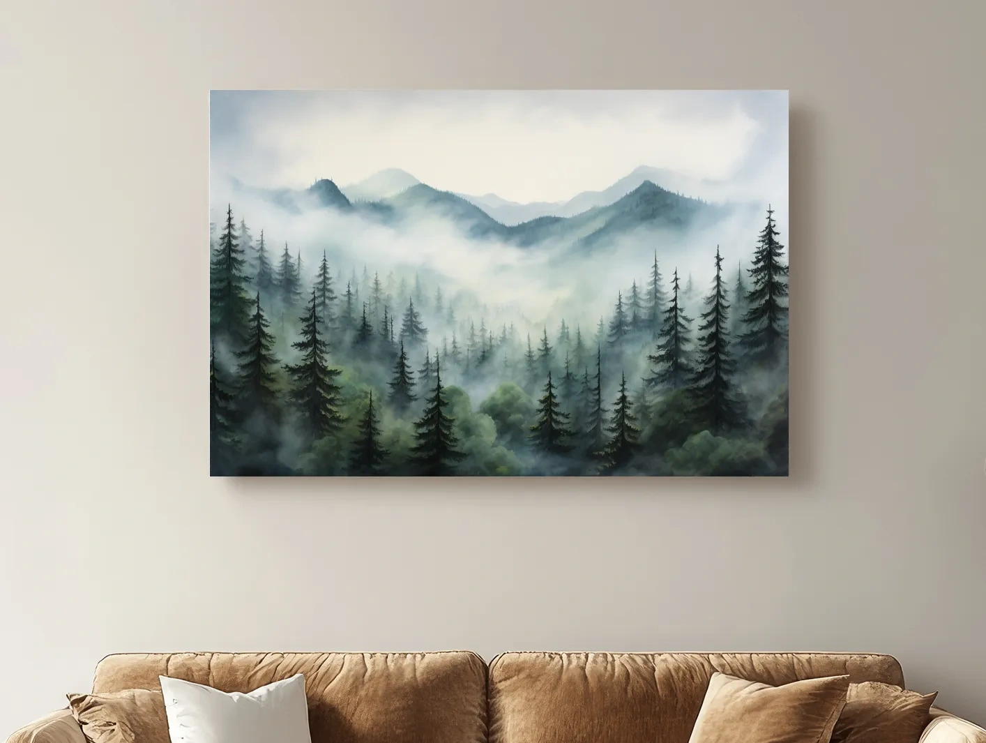 Misty Alpine Forest Painting - Foggy Mountain Landscape Art