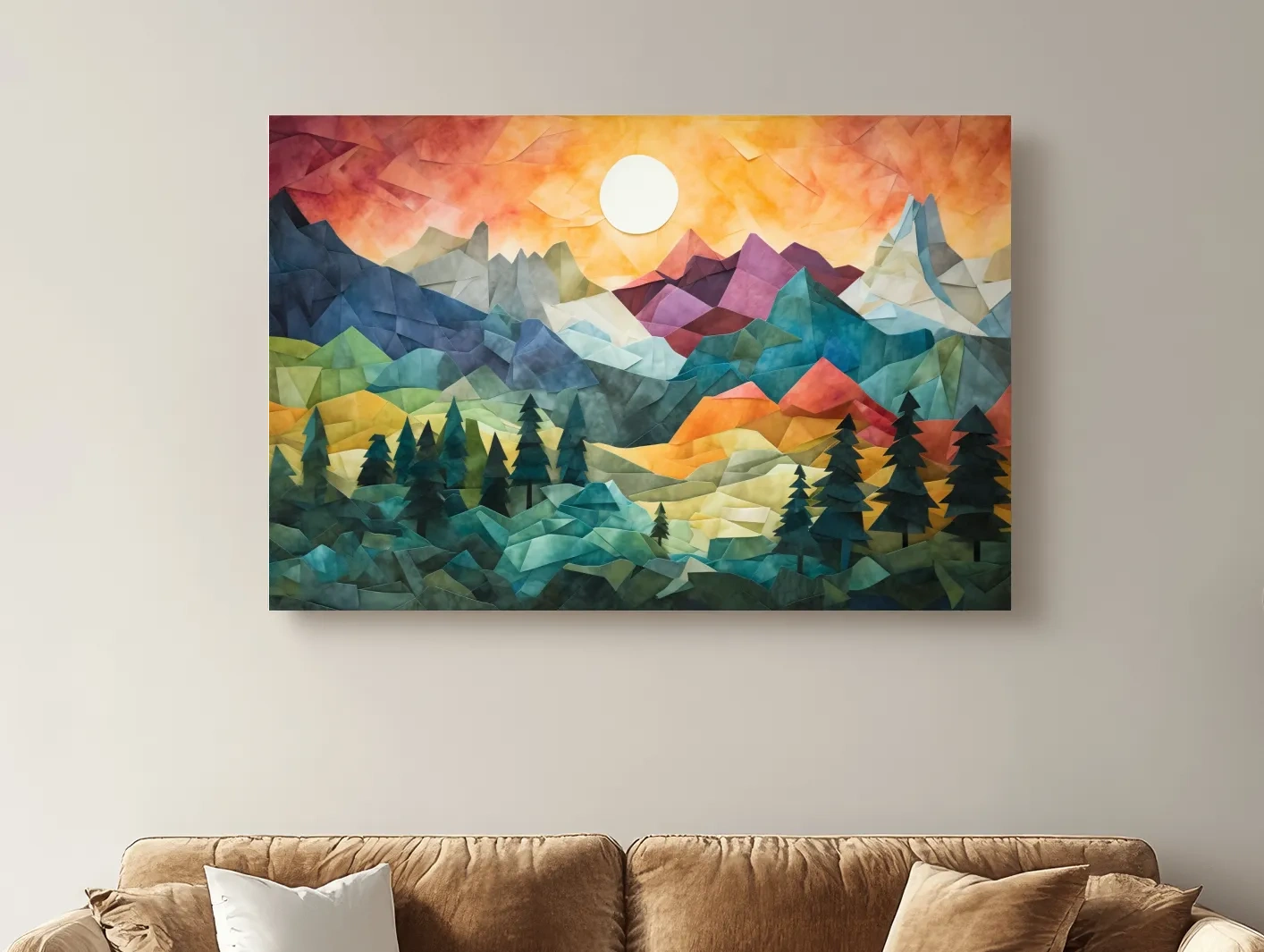Abstract Alpine Mountain Sunset Artwork - Vibrant Patchwork Mosaic Wall Art