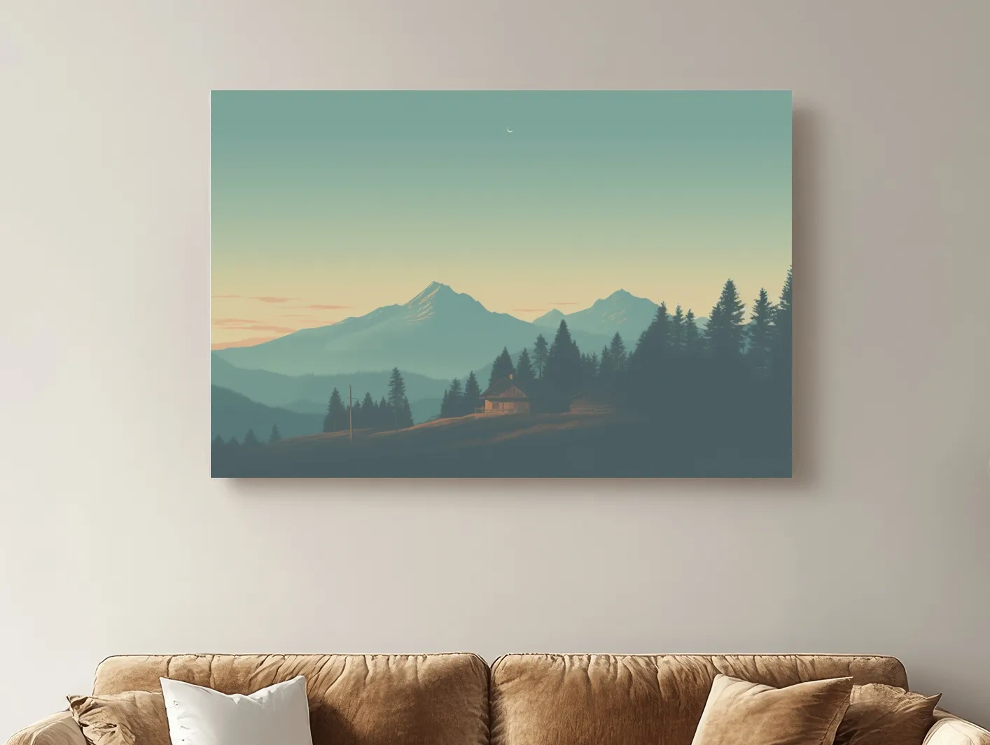 Hazy Alpine Cabin Mountain Sunset - Serene Vintage Landscape Wall Art