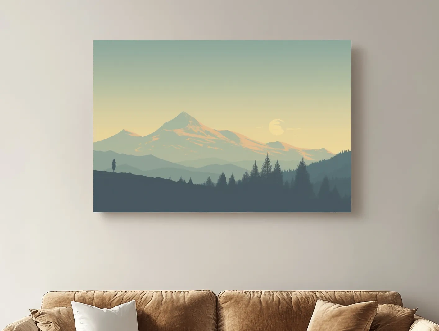 Minimalist Misty Mountain Sunrise Landscape - Serene Alpine Forest Wall Art