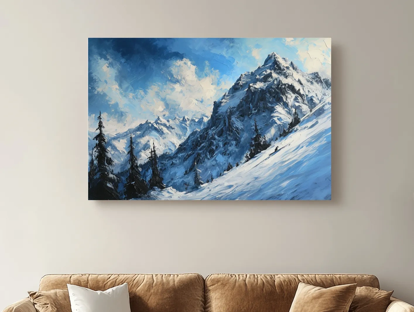 Alpine Snowy Peak Oil Painting - Moody Mountain Landscape Wall Art